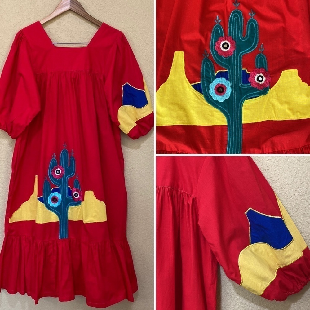 VINTAGE Raquel Unger Cotton Cactus Print Dress with Pockets - Picture 1 of 8